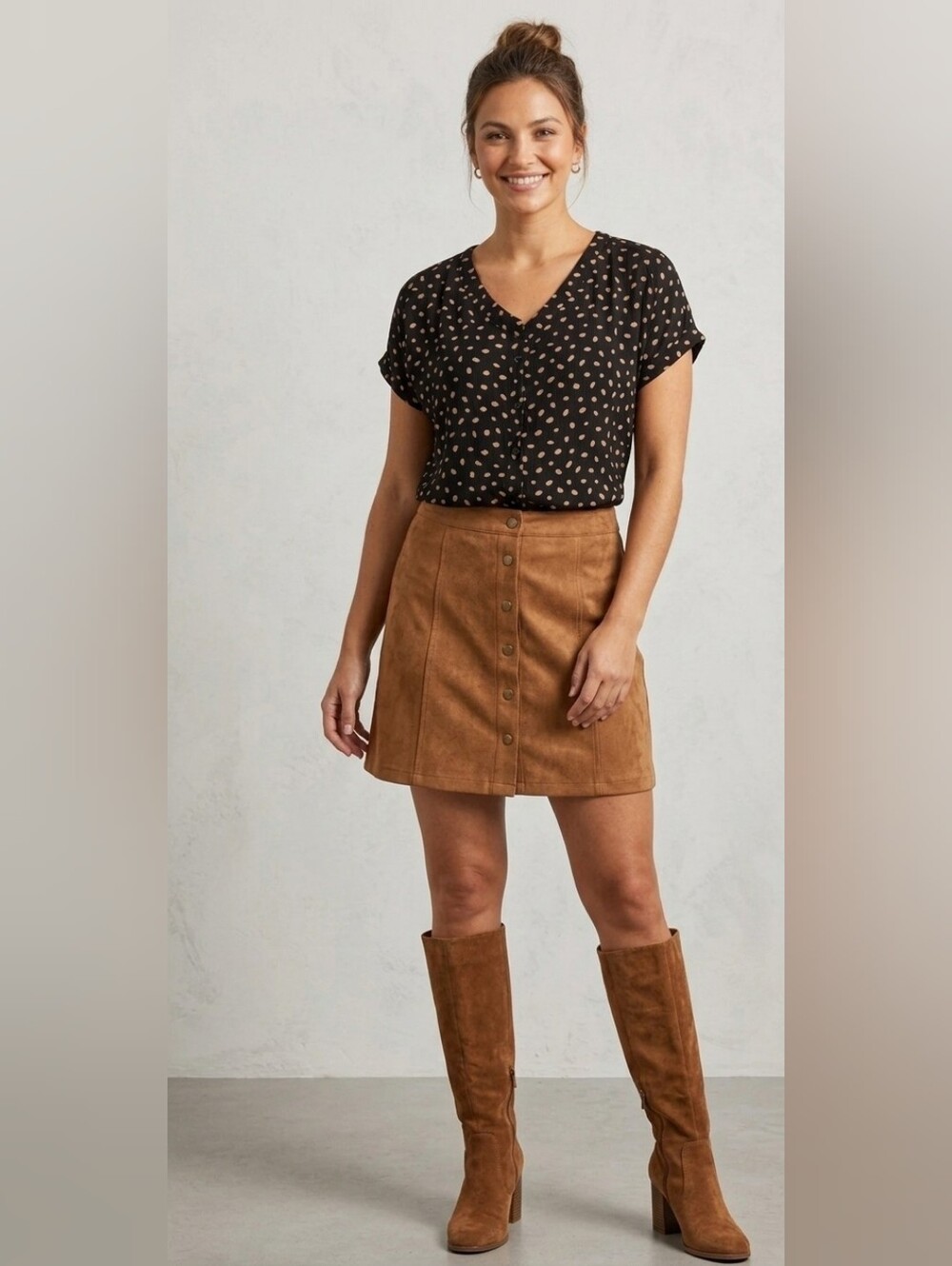 Warehouse One Black Button-Front V-Neck Polka Dot Blouse